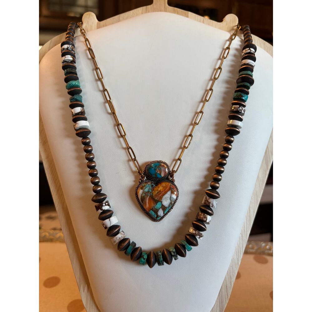 18" Tibetan Turquoise & Wild Horse Copper Disk and Pearl Bead Necklace Western